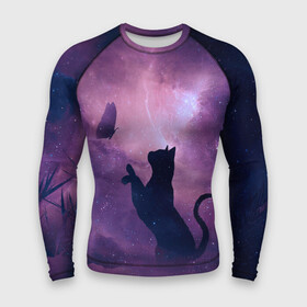 Мужской рашгард 3D с принтом Бабочка кот силуэт фиолетовый ,  |  | Тематика изображения на принте: арт | бабочка | графика | дым | звезды | космос | кот | молния | образ | персонаж | рисунок | силуэт | сиреневый | туман | фантастика | фиолетовый | фэнтези | черная кошка | чернильный