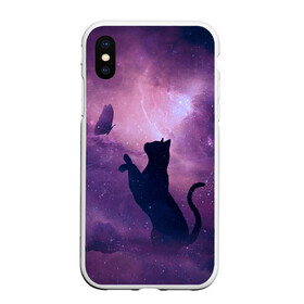 Чехол для iPhone XS Max матовый с принтом Бабочка кот силуэт фиолетовый , Силикон | Область печати: задняя сторона чехла, без боковых панелей | арт | бабочка | графика | дым | звезды | космос | кот | молния | образ | персонаж | рисунок | силуэт | сиреневый | туман | фантастика | фиолетовый | фэнтези | черная кошка | чернильный