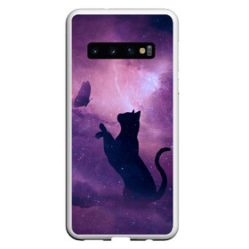 Чехол для Samsung Galaxy S10 с принтом Бабочка кот силуэт фиолетовый , Силикон | Область печати: задняя сторона чехла, без боковых панелей | арт | бабочка | графика | дым | звезды | космос | кот | молния | образ | персонаж | рисунок | силуэт | сиреневый | туман | фантастика | фиолетовый | фэнтези | черная кошка | чернильный