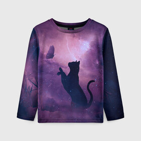 Детский лонгслив 3D с принтом Бабочка кот силуэт фиолетовый , 100% полиэстер | длинные рукава, круглый вырез горловины, полуприлегающий силуэт
 | арт | бабочка | графика | дым | звезды | космос | кот | молния | образ | персонаж | рисунок | силуэт | сиреневый | туман | фантастика | фиолетовый | фэнтези | черная кошка | чернильный