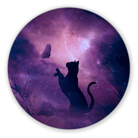 Коврик для мышки круглый с принтом Бабочка кот силуэт фиолетовый , резина и полиэстер | круглая форма, изображение наносится на всю лицевую часть | арт | бабочка | графика | дым | звезды | космос | кот | молния | образ | персонаж | рисунок | силуэт | сиреневый | туман | фантастика | фиолетовый | фэнтези | черная кошка | чернильный