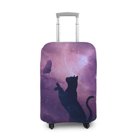 Чехол для чемодана 3D с принтом Бабочка кот силуэт фиолетовый , 86% полиэфир, 14% спандекс | двустороннее нанесение принта, прорези для ручек и колес | арт | бабочка | графика | дым | звезды | космос | кот | молния | образ | персонаж | рисунок | силуэт | сиреневый | туман | фантастика | фиолетовый | фэнтези | черная кошка | чернильный