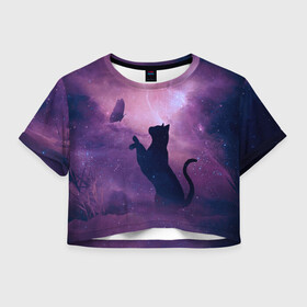 Женская футболка Crop-top 3D с принтом Бабочка кот силуэт фиолетовый , 100% полиэстер | круглая горловина, длина футболки до линии талии, рукава с отворотами | арт | бабочка | графика | дым | звезды | космос | кот | молния | образ | персонаж | рисунок | силуэт | сиреневый | туман | фантастика | фиолетовый | фэнтези | черная кошка | чернильный