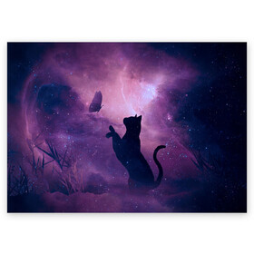 Поздравительная открытка с принтом Бабочка кот силуэт фиолетовый , 100% бумага | плотность бумаги 280 г/м2, матовая, на обратной стороне линовка и место для марки
 | арт | бабочка | графика | дым | звезды | космос | кот | молния | образ | персонаж | рисунок | силуэт | сиреневый | туман | фантастика | фиолетовый | фэнтези | черная кошка | чернильный