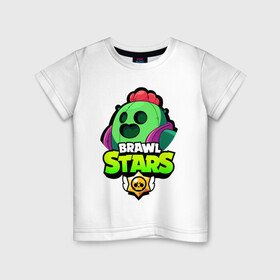 Детская футболка хлопок с принтом BRAWL STARS SPIKE , 100% хлопок | круглый вырез горловины, полуприлегающий силуэт, длина до линии бедер | Тематика изображения на принте: bibi | brawl stars | coach mike | crow | leon | leon shark | max | mecha crow | mr.p | phoenix | sally leon | spike | sprout | unicorn | virus 8 bit | werewolf | ворон | оборотень | пингвин