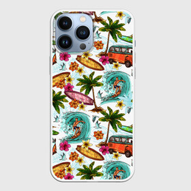 Чехол для iPhone 13 Pro Max с принтом Летнее Настроение ,  |  | Тематика изображения на принте: волны | деревья | купальник | лето | листья | море | океан | остров | отпуск | пальмы | пляж | природа | птицы | путешествие | серфинг | солнце | спорт | таиланд | тропики | туризм | цветы