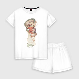 Женская пижама с шортиками хлопок с принтом Хаку и Тихиро , 100% хлопок | футболка прямого кроя, шорты свободные с широкой мягкой резинкой | studio ghibli | аниме | унесённые призраками | хаяо миядзаки