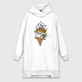 Платье-худи хлопок с принтом Ice Cream Cats ,  |  | animal | cat | cute | kitty | meow | друг | еда | животные | киска | китти | кот | котенок | котик | кошечка | кошка | лев | леопард | милый | мороженое | мур | мяу | пантера | питомец | рысь | тигр | улыбка