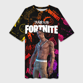 Платье-футболка 3D с принтом TRAVIS SCOTT+FORTNITE ,  |  | america | astro jack | astroworld | cactus jack | fortnite | fortnite 2 | fortnite х | rap | travis scott | usa | wish you were here | америка | астро джек | зарубежный реп | кактус джек | реп | сша | трэвис скотт | фортнайт | фортнайт 2