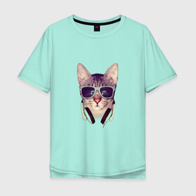 Мужская футболка хлопок Oversize с принтом кот в очках и наушниках , 100% хлопок | свободный крой, круглый ворот, “спинка” длиннее передней части | кот | кошка | мода | модник | мятный | наушники | очки | реализм | салатный | фото | хипстер | черный