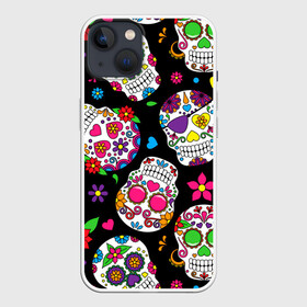 Чехол для iPhone 13 с принтом Шальные черепа ,  |  | doodling | textures | tiles | день мёртвых | дудлинг | тайлы | текстуры | фон | цветы | череп | черепа | черный