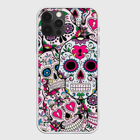 Чехол для iPhone 12 Pro Max с принтом Весёлые черепа , Силикон |  | Тематика изображения на принте: doodling | textures | tiles | белый | день мёртвых | дудлинг | желтый | звезды | зеленый | красный | кремовый | розовый | синий | тайлы | текстуры | фон | цветы | череп | черепа | черный