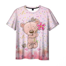 Мужская футболка 3D с принтом Милый мишка с цветочком , 100% полиэфир | прямой крой, круглый вырез горловины, длина до линии бедер | воробушек | воробьи | медведь | медвежонок | мишка | плюшевый мишка | подарок | птичка | цветок | цветочки