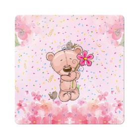 Магнит виниловый Квадрат с принтом Милый мишка с цветочком , полимерный материал с магнитным слоем | размер 9*9 см, закругленные углы | воробушек | воробьи | медведь | медвежонок | мишка | плюшевый мишка | подарок | птичка | цветок | цветочки