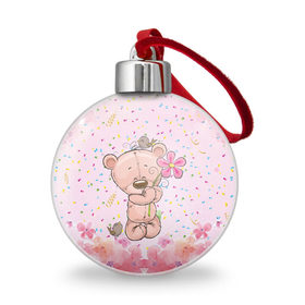 Ёлочный шар с принтом Милый мишка с цветочком , Пластик | Диаметр: 77 мм | воробушек | воробьи | медведь | медвежонок | мишка | плюшевый мишка | подарок | птичка | цветок | цветочки