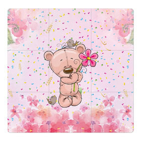 Магнитный плакат 3Х3 с принтом Милый мишка с цветочком , Полимерный материал с магнитным слоем | 9 деталей размером 9*9 см | воробушек | воробьи | медведь | медвежонок | мишка | плюшевый мишка | подарок | птичка | цветок | цветочки