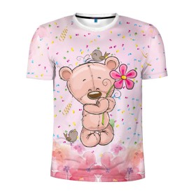 Мужская футболка 3D спортивная с принтом Милый мишка с цветочком , 100% полиэстер с улучшенными характеристиками | приталенный силуэт, круглая горловина, широкие плечи, сужается к линии бедра | Тематика изображения на принте: воробушек | воробьи | медведь | медвежонок | мишка | плюшевый мишка | подарок | птичка | цветок | цветочки