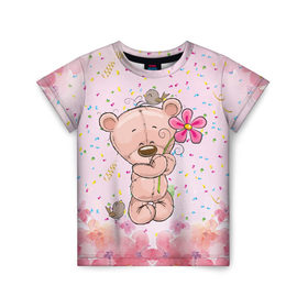 Детская футболка 3D с принтом Милый мишка с цветочком , 100% гипоаллергенный полиэфир | прямой крой, круглый вырез горловины, длина до линии бедер, чуть спущенное плечо, ткань немного тянется | воробушек | воробьи | медведь | медвежонок | мишка | плюшевый мишка | подарок | птичка | цветок | цветочки