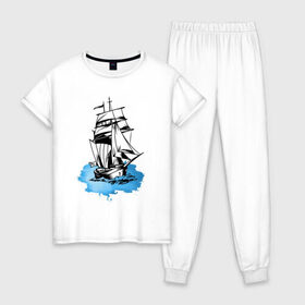 Женская пижама хлопок с принтом Корабль , 100% хлопок | брюки и футболка прямого кроя, без карманов, на брюках мягкая резинка на поясе и по низу штанин | captain | fashion | ocean | sail | sailor | sea | ship | style | travel | water | yacht | вода | капитан | корабль | матрос | мода | море | океан | парус | путешествие | свобода | солнце | стиль | яхта