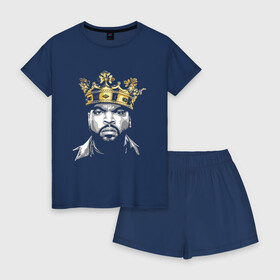 Женская пижама с шортиками хлопок с принтом Ice Cube King , 100% хлопок | футболка прямого кроя, шорты свободные с широкой мягкой резинкой | 2pac | black | compton | dog | dr dre | hip hop | ice cube | king | nwa | rap | snoop dogg | west coast | westside | айс кьюб | гангстер | голос улиц | король | микрофон | музыка | рифма | рэп | рэпер | хип хоп