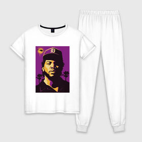 Женская пижама хлопок с принтом Ice Cube , 100% хлопок | брюки и футболка прямого кроя, без карманов, на брюках мягкая резинка на поясе и по низу штанин | 2pac | black | compton | dog | dr dre | hip hop | ice cube | nwa | rap | snoop dogg | west coast | westside | айс кьюб | гангстер | голос улиц | микрофон | музыка | рифма | рэп | рэпер | хип хоп
