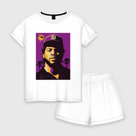 Женская пижама с шортиками хлопок с принтом Ice Cube , 100% хлопок | футболка прямого кроя, шорты свободные с широкой мягкой резинкой | 2pac | black | compton | dog | dr dre | hip hop | ice cube | nwa | rap | snoop dogg | west coast | westside | айс кьюб | гангстер | голос улиц | микрофон | музыка | рифма | рэп | рэпер | хип хоп