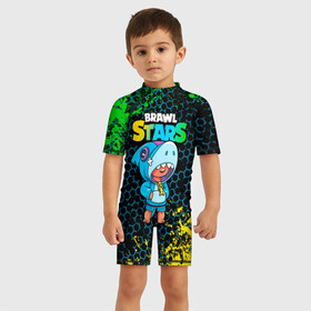 Детский купальный костюм 3D с принтом Brawl Stars Leon Shark , Полиэстер 85%, Спандекс 15% | застежка на молнии на спине | brawl | brawl leon shark | brawl stars | brawl stars leon | leon | leon green | leon sally | leon shark | бравл | бравл старс | леон