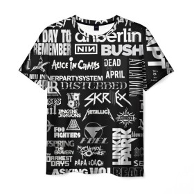 Мужская футболка 3D с принтом Рок группы , 100% полиэфир | прямой крой, круглый вырез горловины, длина до линии бедер | английский | белый | иностранные надписи | музыка | название | рок | серый | черный | черный фон
