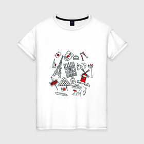 Женская футболка хлопок с принтом Париж Достопримечательности , 100% хлопок | прямой крой, круглый вырез горловины, длина до линии бедер, слегка спущенное плечо | багет | достопримечательности | лувр | метро | муленруж | париж | эйфелева башня