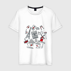 Мужская футболка хлопок с принтом Париж Достопримечательности , 100% хлопок | прямой крой, круглый вырез горловины, длина до линии бедер, слегка спущенное плечо. | багет | достопримечательности | лувр | метро | муленруж | париж | эйфелева башня