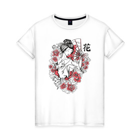 Женская футболка хлопок с принтом Гейша , 100% хлопок | прямой крой, круглый вырез горловины, длина до линии бедер, слегка спущенное плечо | иллюстрация | рисунок | сакура | цветы | япония