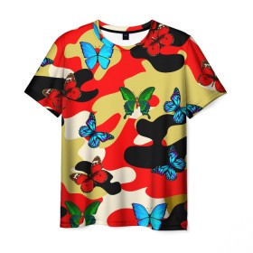 Мужская футболка 3D с принтом Камуфляжные бабочки , 100% полиэфир | прямой крой, круглый вырез горловины, длина до линии бедер | бабочки | камуфляж | камуфляжные бабочки | хаки