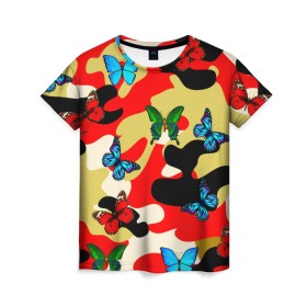 Женская футболка 3D с принтом Камуфляжные бабочки , 100% полиэфир ( синтетическое хлопкоподобное полотно) | прямой крой, круглый вырез горловины, длина до линии бедер | бабочки | камуфляж | камуфляжные бабочки | хаки