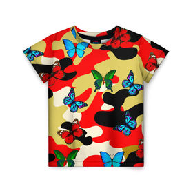 Детская футболка 3D с принтом Камуфляжные бабочки , 100% гипоаллергенный полиэфир | прямой крой, круглый вырез горловины, длина до линии бедер, чуть спущенное плечо, ткань немного тянется | Тематика изображения на принте: бабочки | камуфляж | камуфляжные бабочки | хаки