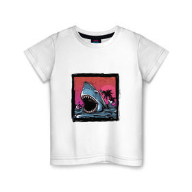Детская футболка хлопок с принтом White Shark , 100% хлопок | круглый вырез горловины, полуприлегающий силуэт, длина до линии бедер | Тематика изображения на принте: белая акула | животные | зубы | лето | море | опасный | пальмы | пляж | природа | ретро | рыба | хищник | челюсть | чудовище