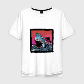 Мужская футболка хлопок Oversize с принтом White Shark , 100% хлопок | свободный крой, круглый ворот, “спинка” длиннее передней части | Тематика изображения на принте: белая акула | животные | зубы | лето | море | опасный | пальмы | пляж | природа | ретро | рыба | хищник | челюсть | чудовище