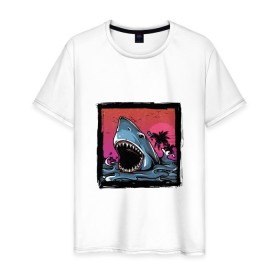 Мужская футболка хлопок с принтом White Shark , 100% хлопок | прямой крой, круглый вырез горловины, длина до линии бедер, слегка спущенное плечо. | белая акула | животные | зубы | лето | море | опасный | пальмы | пляж | природа | ретро | рыба | хищник | челюсть | чудовище