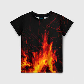 Детская футболка 3D с принтом Ночной костер в лесу , 100% гипоаллергенный полиэфир | прямой крой, круглый вырез горловины, длина до линии бедер, чуть спущенное плечо, ткань немного тянется | дрова | искры | ночь | огонь