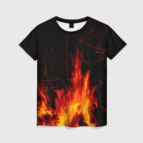 Женская футболка 3D с принтом Ночной костер в лесу , 100% полиэфир ( синтетическое хлопкоподобное полотно) | прямой крой, круглый вырез горловины, длина до линии бедер | дрова | искры | ночь | огонь