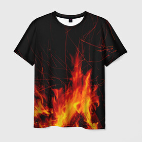 Мужская футболка 3D с принтом Ночной костер в лесу , 100% полиэфир | прямой крой, круглый вырез горловины, длина до линии бедер | Тематика изображения на принте: дрова | искры | ночь | огонь