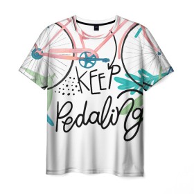 Мужская футболка 3D с принтом Just keep pedaling , 100% полиэфир | прямой крой, круглый вырез горловины, длина до линии бедер | Тематика изображения на принте: велосипед | нежная | фразы