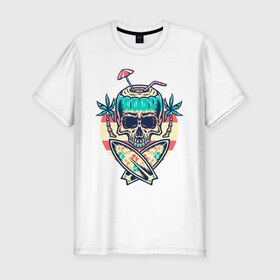 Мужская футболка хлопок Slim с принтом Skull Summer , 92% хлопок, 8% лайкра | приталенный силуэт, круглый вырез ворота, длина до линии бедра, короткий рукав | art | cocktail | palm | skull | surfboards | umbrella | арт | доски для серфинга | зонтик | коктейль | пальмы | череп