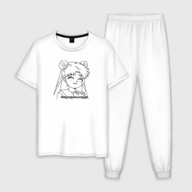 Мужская пижама хлопок с принтом Еда Делает Меня Счастливой! SM , 100% хлопок | брюки и футболка прямого кроя, без карманов, на брюках мягкая резинка на поясе и по низу штанин
 | Тематика изображения на принте: 90s | anime girl | cute | kawaii | luna | sailor moon | usagi tsukino | аниме | аниме девушка | каваии | кавай | луна | манга | марс | меркурий | сейлор | сейлор мун | усаги цукино