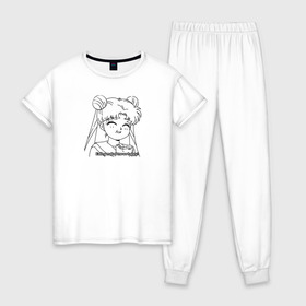 Женская пижама хлопок с принтом Еда Делает Меня Счастливой! SM , 100% хлопок | брюки и футболка прямого кроя, без карманов, на брюках мягкая резинка на поясе и по низу штанин | 90s | anime girl | cute | kawaii | luna | sailor moon | usagi tsukino | аниме | аниме девушка | каваии | кавай | луна | манга | марс | меркурий | сейлор | сейлор мун | усаги цукино