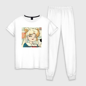 Женская пижама хлопок с принтом Еда Делает Меня Счастливой! SM , 100% хлопок | брюки и футболка прямого кроя, без карманов, на брюках мягкая резинка на поясе и по низу штанин | Тематика изображения на принте: 90s | anime girl | cute | kawaii | luna | sailor moon | usagi tsukino | аниме | аниме девушка | каваии | кавай | луна | манга | марс | меркурий | сейлор | сейлор мун | усаги цукино