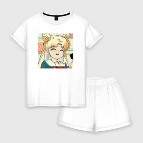 Женская пижама с шортиками хлопок с принтом Еда Делает Меня Счастливой! SM , 100% хлопок | футболка прямого кроя, шорты свободные с широкой мягкой резинкой | Тематика изображения на принте: 90s | anime girl | cute | kawaii | luna | sailor moon | usagi tsukino | аниме | аниме девушка | каваии | кавай | луна | манга | марс | меркурий | сейлор | сейлор мун | усаги цукино