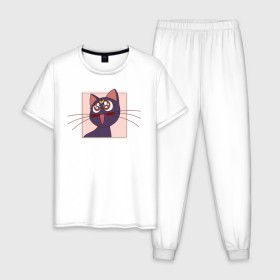 Мужская пижама хлопок с принтом Luna, Sailor Moon , 100% хлопок | брюки и футболка прямого кроя, без карманов, на брюках мягкая резинка на поясе и по низу штанин
 | 90s | cat | cute | kawaii | kitty | luna | sailor moon | usagi tsukino | аниме | каваии | кавай | кот | котики | луна | манга | марс | меркурий | милота | сейлор | сейлор мун | усаги цукино