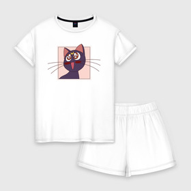 Женская пижама с шортиками хлопок с принтом Luna, Sailor Moon , 100% хлопок | футболка прямого кроя, шорты свободные с широкой мягкой резинкой | 90s | cat | cute | kawaii | kitty | luna | sailor moon | usagi tsukino | аниме | каваии | кавай | кот | котики | луна | манга | марс | меркурий | милота | сейлор | сейлор мун | усаги цукино
