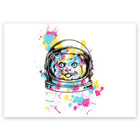 Поздравительная открытка с принтом Кот в скафандре , 100% бумага | плотность бумаги 280 г/м2, матовая, на обратной стороне линовка и место для марки
 | арт | в космосе | животные | картинка | кляксы | космос | кот | кошка | принт | рисунок | скафандр | цветное