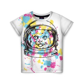 Детская футболка 3D с принтом Кот в скафандре , 100% гипоаллергенный полиэфир | прямой крой, круглый вырез горловины, длина до линии бедер, чуть спущенное плечо, ткань немного тянется | арт | в космосе | животные | картинка | кляксы | космос | кот | кошка | принт | рисунок | скафандр | цветное
